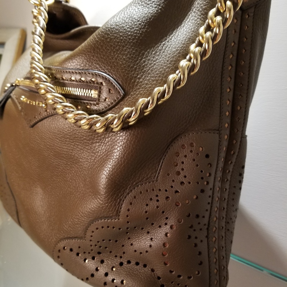 Etro large cappuccino leather handbag copper inlay